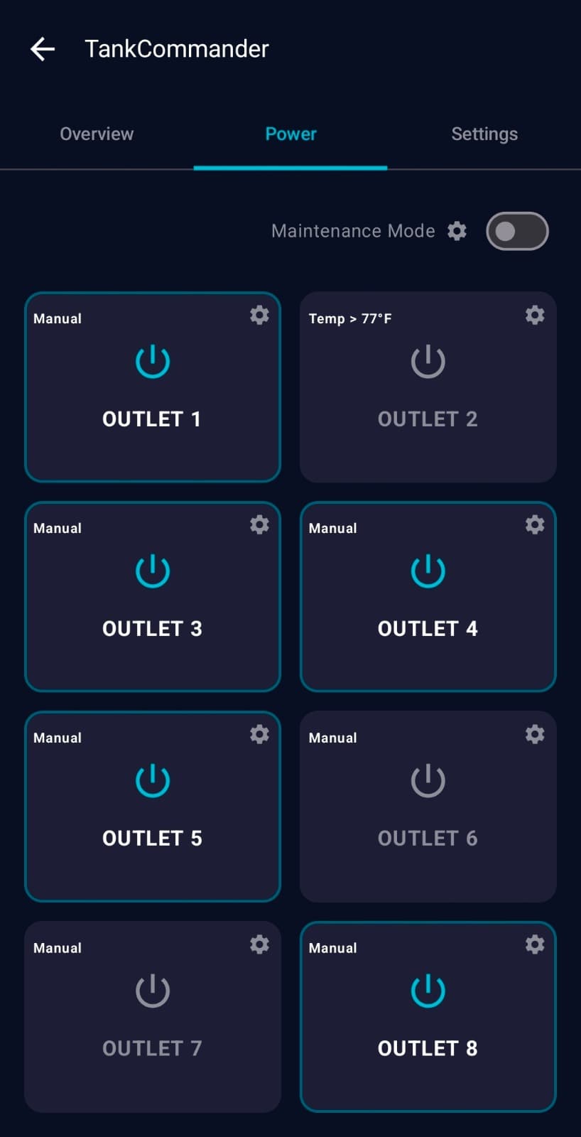 Tank Commander app Power screen with eight controllable smart outlets and automation rules